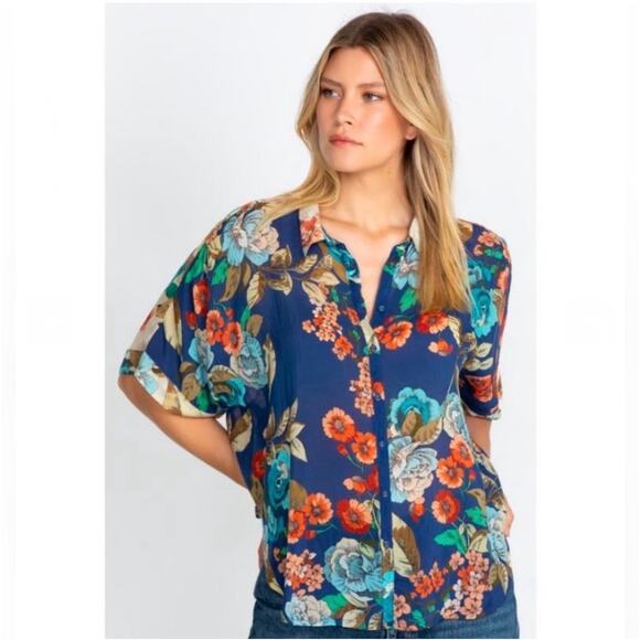 Johnny Was Emma Lynn Floral Button Front Blouse Shirt Boho L Oversized Cupro - Picture 3 of 12
